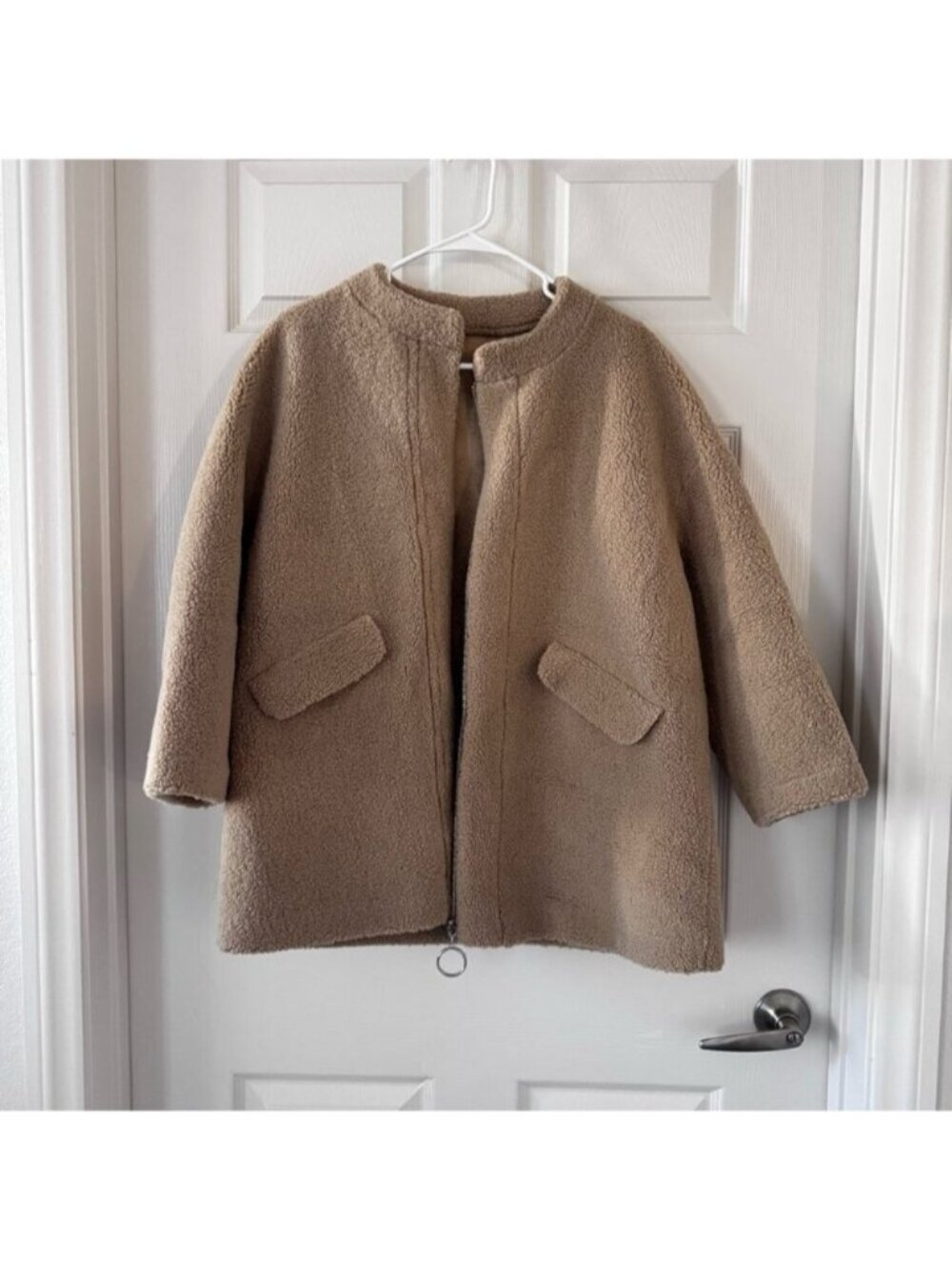 Tan Teddy Sherpa Fleece Zip Jacket Cozy Faux Shearling Coat